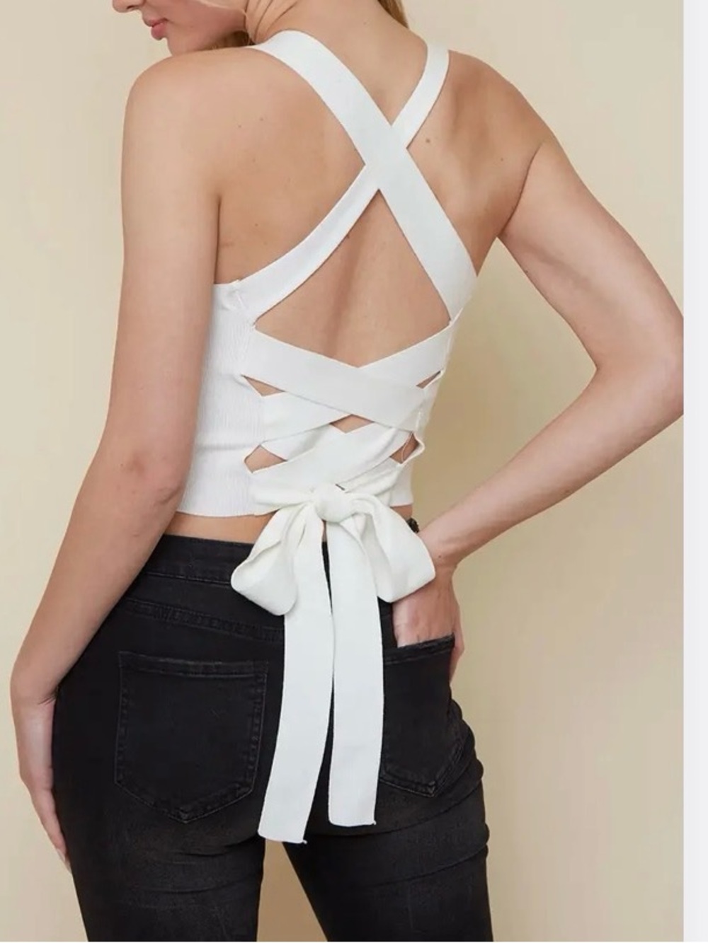 Lush White Crisscross Tie-Back Crop Tank